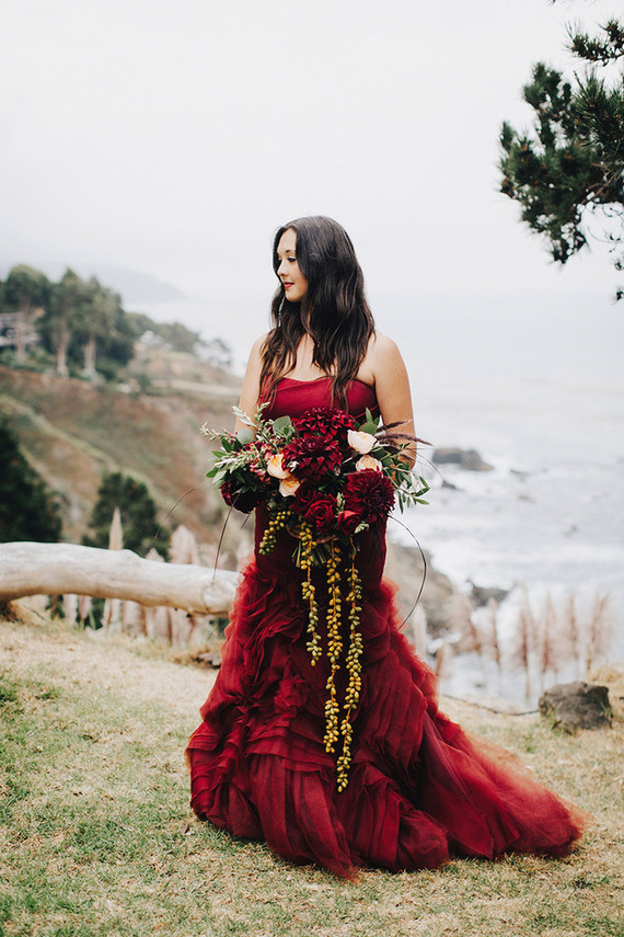 burgundy satin tiered organza destination wedding dress