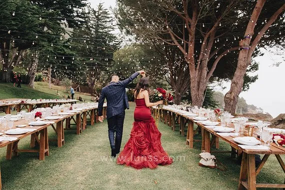 burgundy satin with tiered organza bridal dress