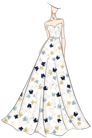 butterflies printed 3d floral bridal dress sketch