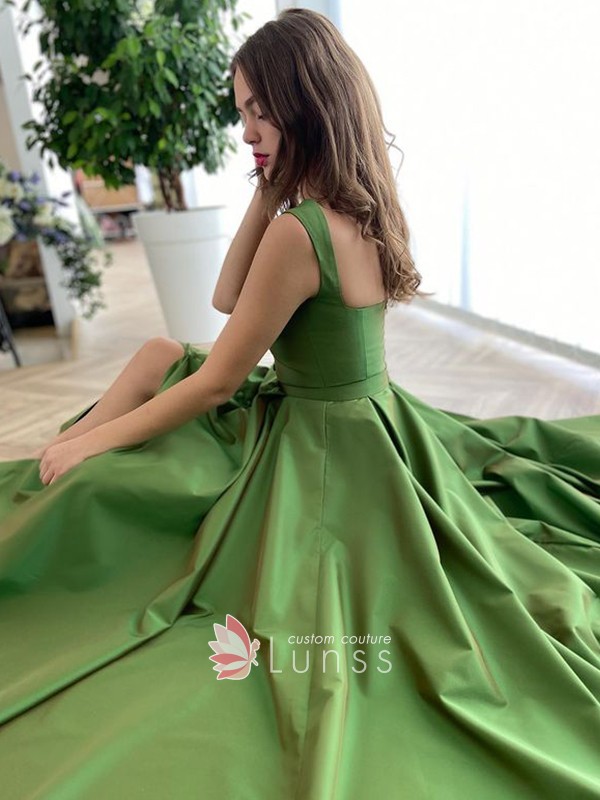 buttons decoration corset bodice green satin slit long prom formal party dress