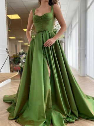 buttons decoration sweetheart green satin slit prom dress