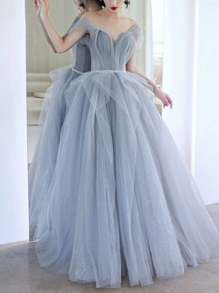 charming ruffled glitter gray tulle fairy prom dress