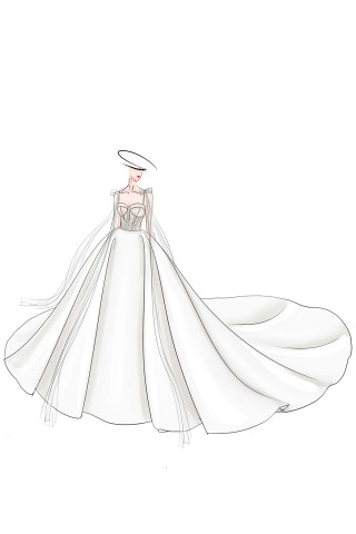 corset bridal ball gown sketch with cathedral train