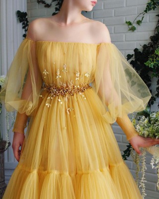 crystals and leaves yellow tulle puff sleeve fairy dress