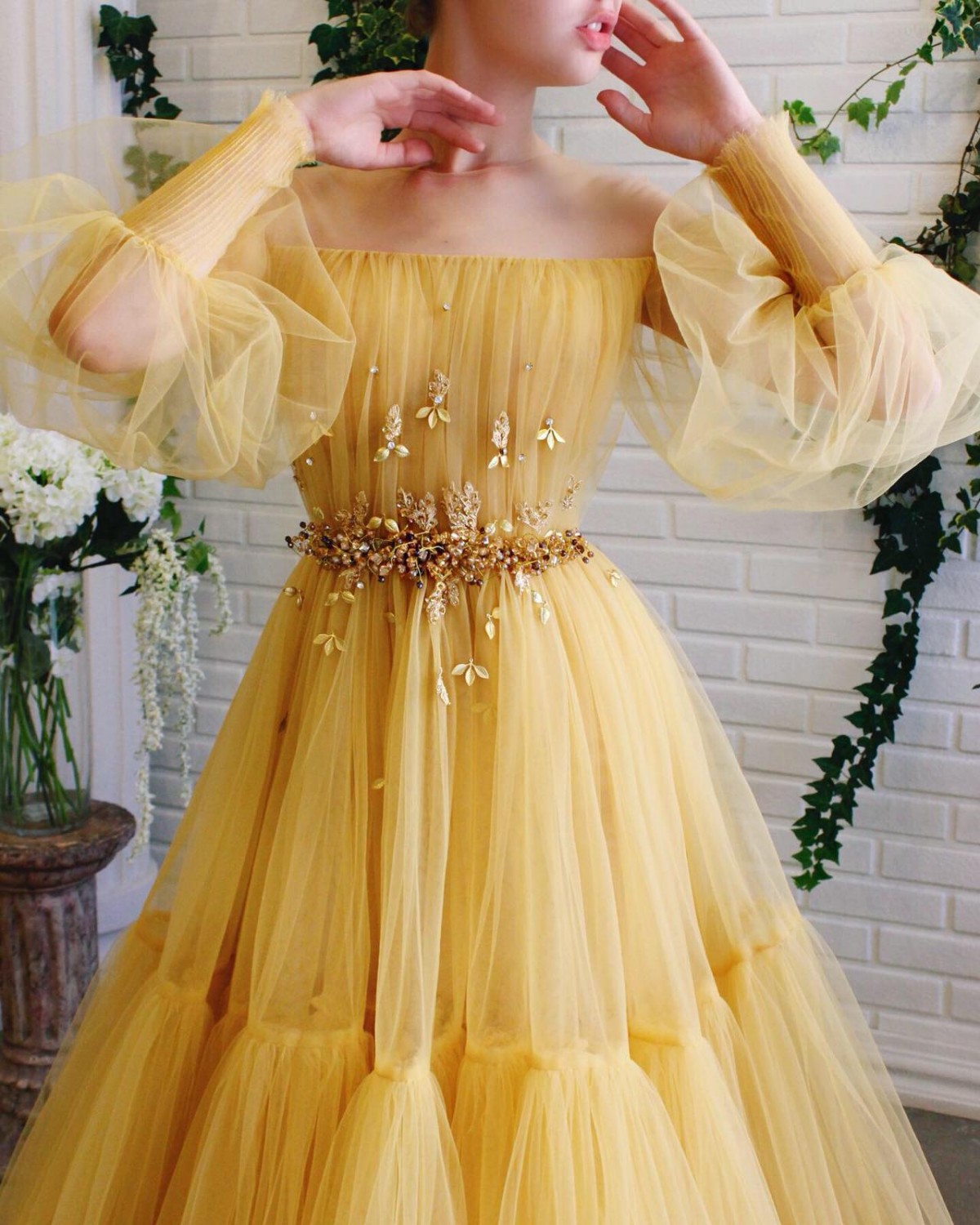 crystals yellow tulle puff sleeve dress