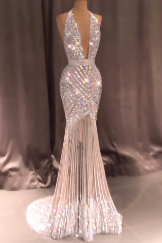dazzling beading crystals sheer sexy prom pageant dress