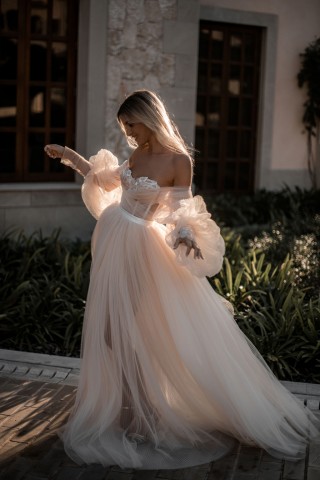 fairytale ivory pleated tulle puff sleeve bridal dress