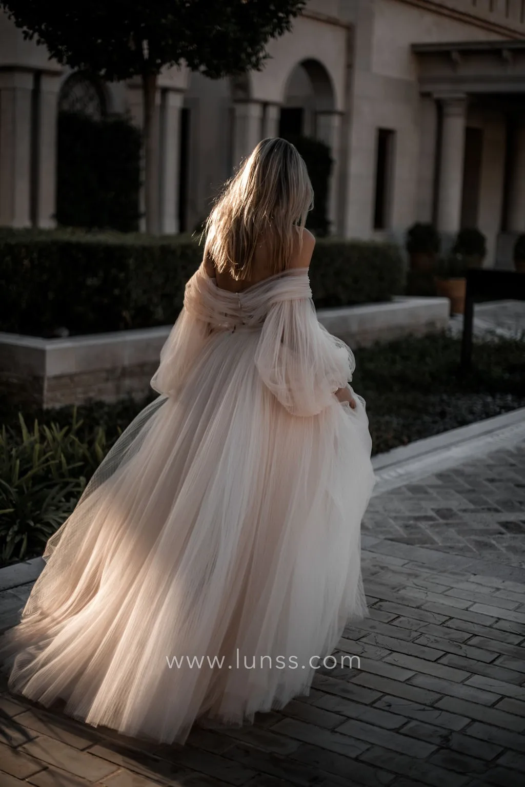 fairytale tulle puff long sleeve floor length bridal dress