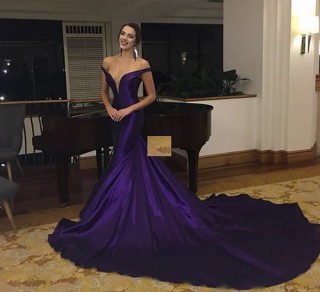 feminine off the shoulder purple satin evening gown