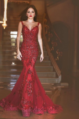 glamorous glitter lace dark red mermaid formal dress