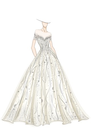 glitter appliqued off the shoulder formal gown sketch