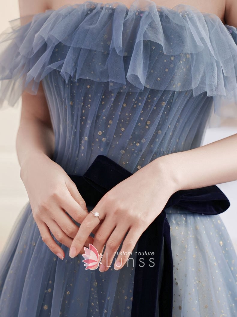 glitter dusty blue tulle ruffled dress