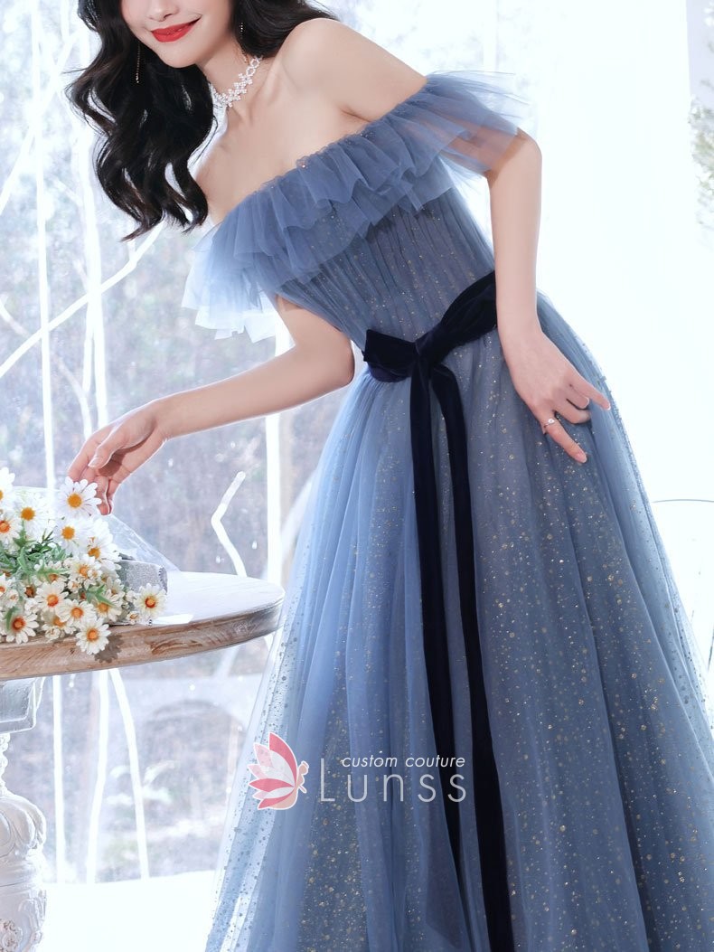 glitter dusty blue tulle ruffled off the shoulder prom dress