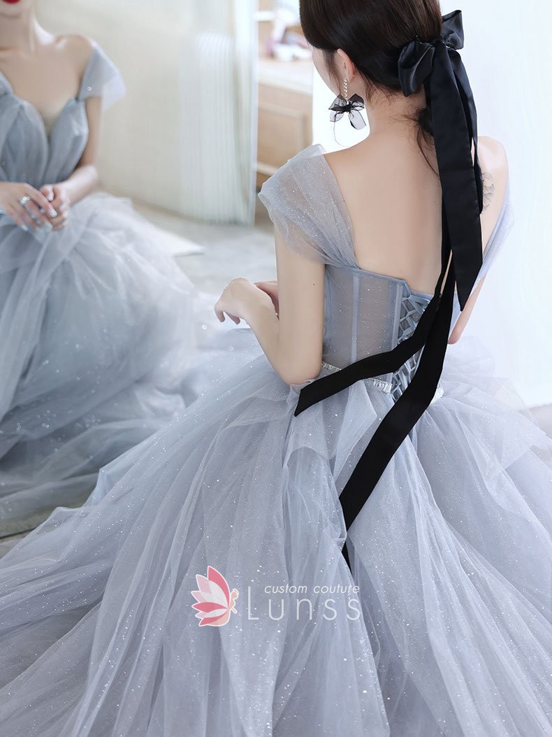 glitter gray tulle long fairy prom dress with detachable off the shoulder straps