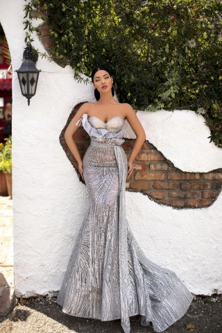 glittery metallic silver mermaid long evening prom dress