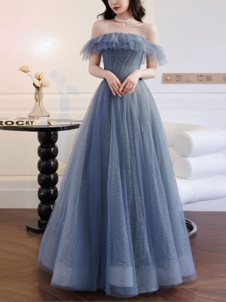 gold glitter dusty blue tulle ruffled off shoulder dress