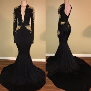 gold lace appliqued black mermaid long train prom dress