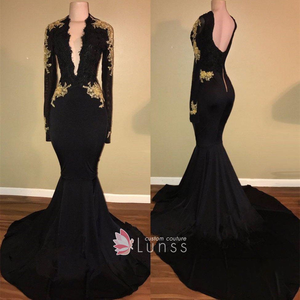 gold lace appliqued black mermaid long train prom dress gold lace appliqued black mermaid long train prom dress