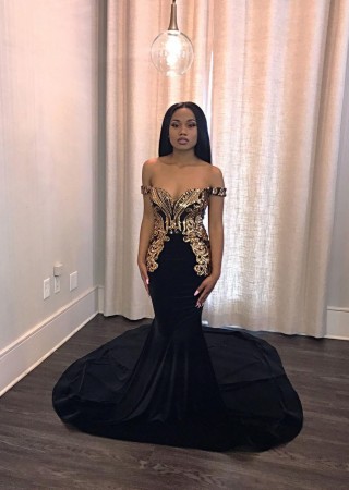 gold metallic sequin lace black velvet mermaid prom gown