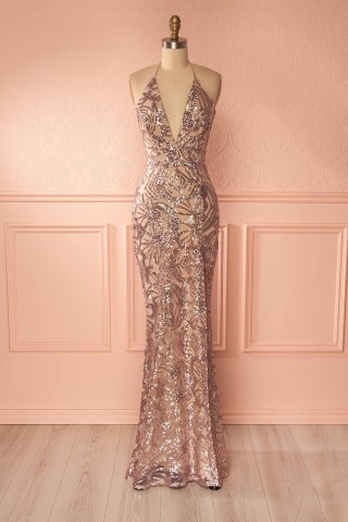 gold sequin v neck halter mermaid evening prom dress