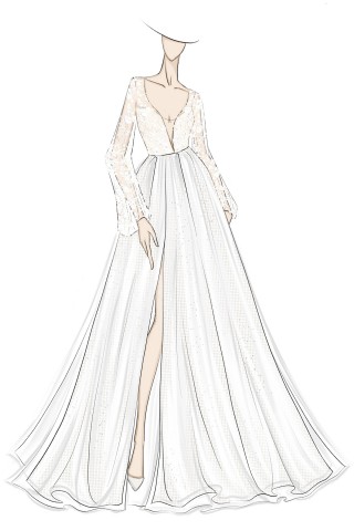 illusion lace long sleeve high slit bridal dress sketch