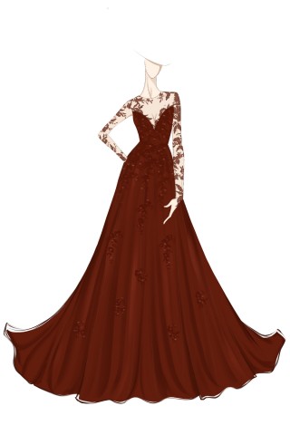 illusion long sleeve burgundy formal dress sketch