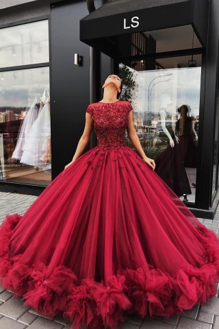 intricate beaded wine ball gown ruffled hemline