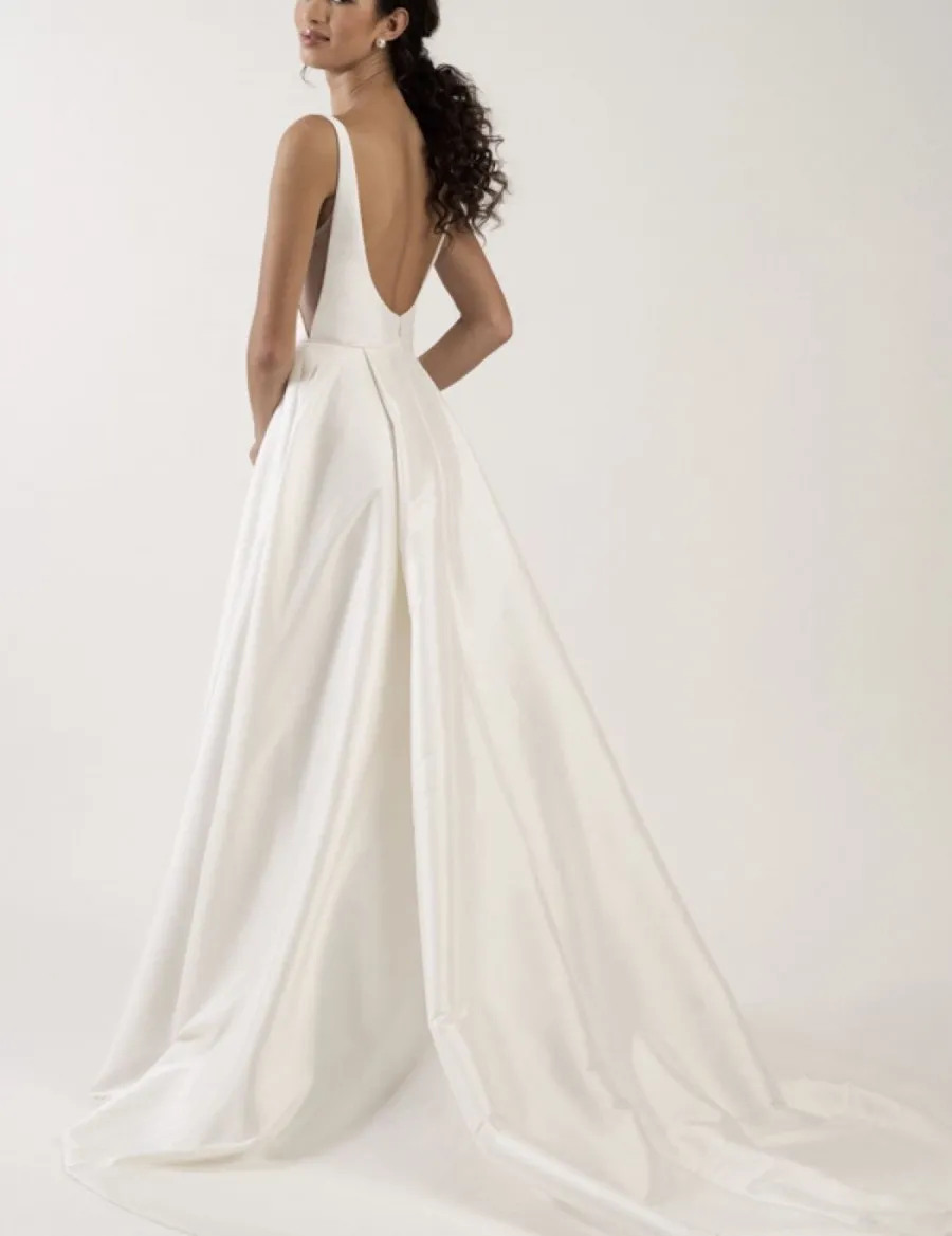 ivory satin square neckline bridal gown