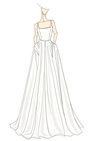 ivory satin square neckline wedding dress sketch