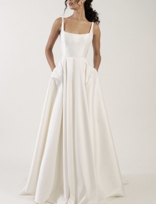 ivory soft satin square neckline bridal gown with pockets