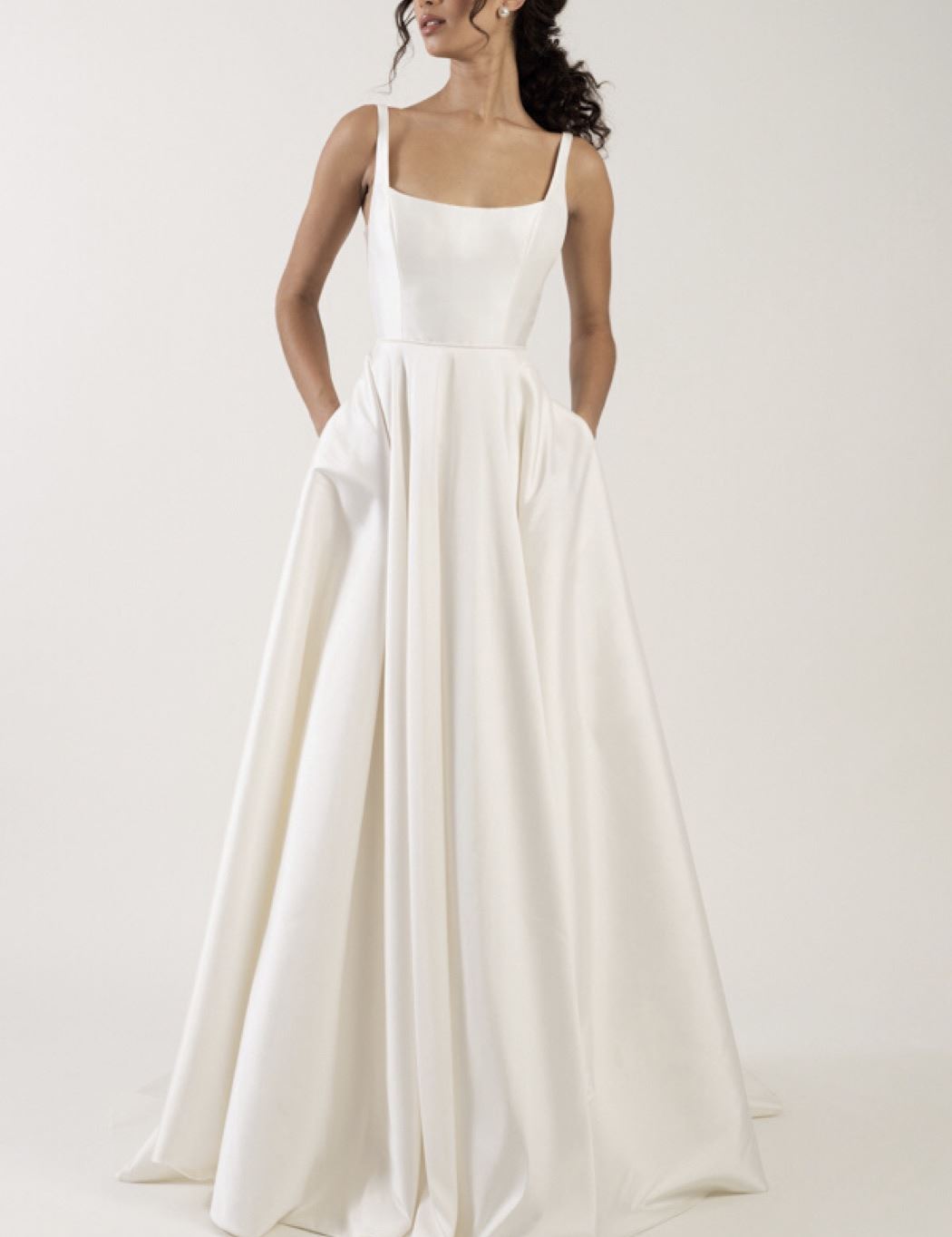 ivory soft satin square neckline bridal gown with pockets