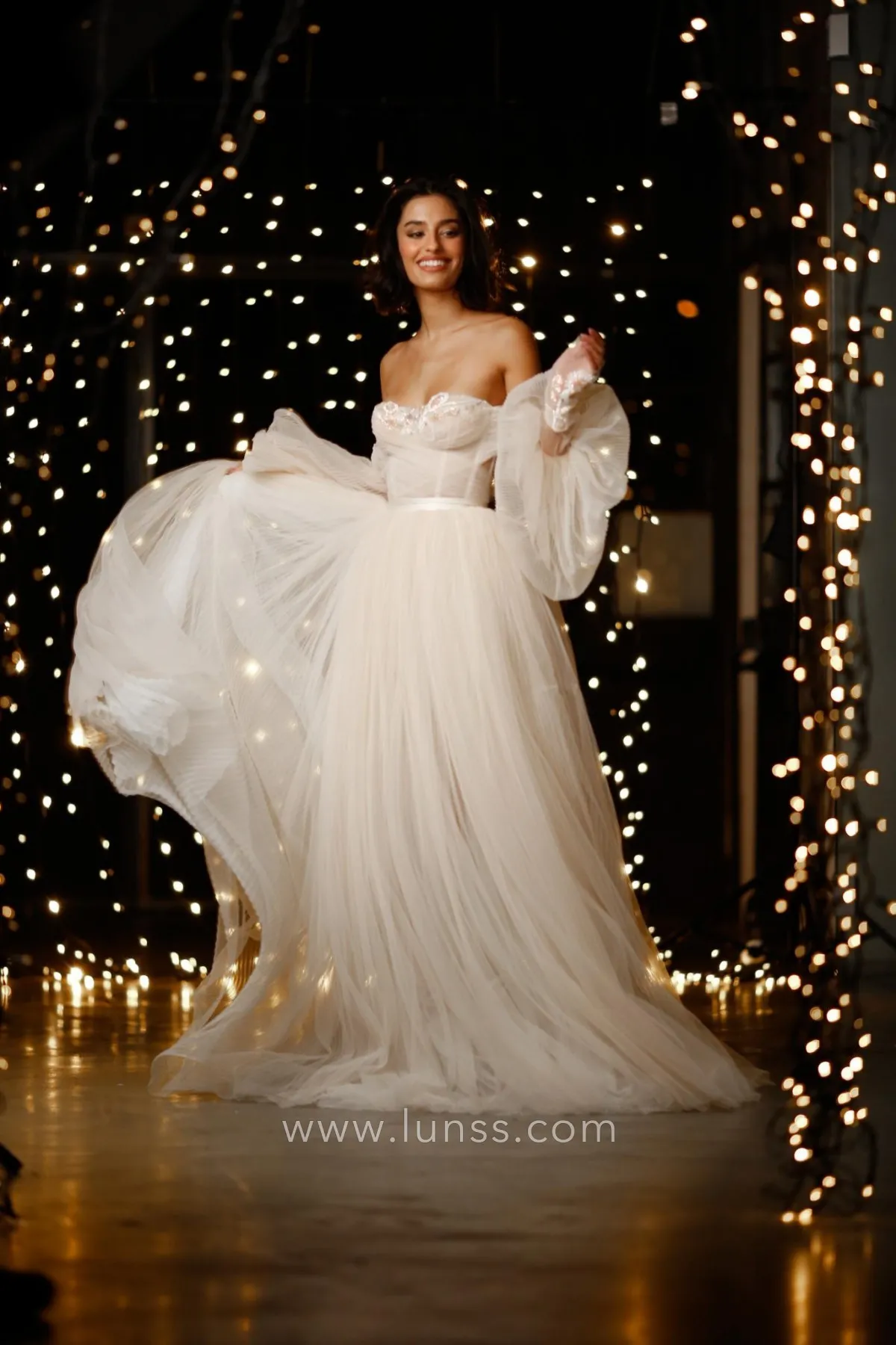 lace appliqued sweetheart off the shoulder sheer sleeve long wedding gown