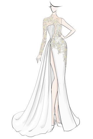 lace one sleeve asymmerical slit prom dress sketch