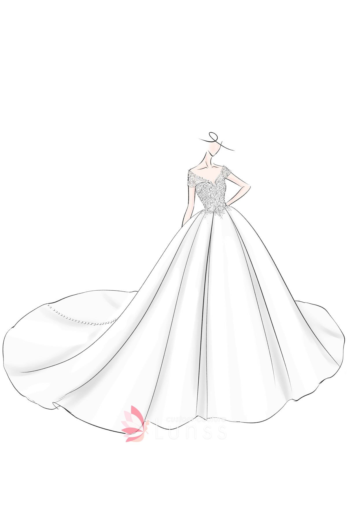 Lace Top Satin Bottom Ball Gown Wedding Dress Sketch Lunss