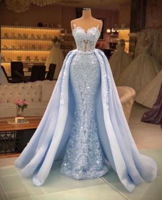 light blue sequinned lace mermaid overskirt prom dress