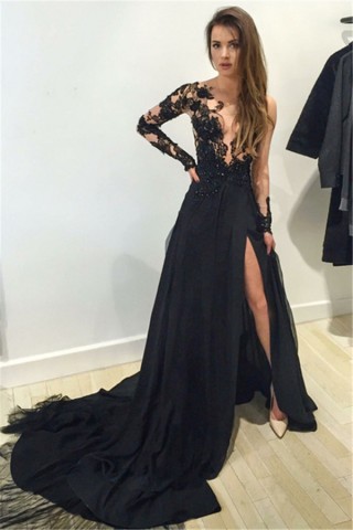 long sleeve black illusion lace chiffon prom dress