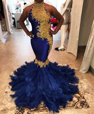 luxe gold beaded lace blue big feathers prom dress