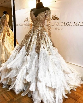luxury gold beading lace big feathers ball gown