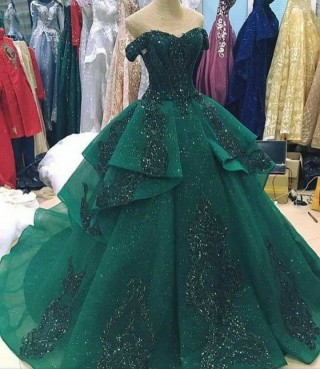 off the shoulder green lace tulle quinceanera ball gown