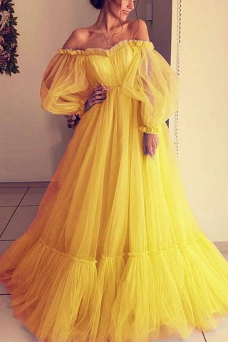 off the shoulder sheer puff sleeve tulle princess dress