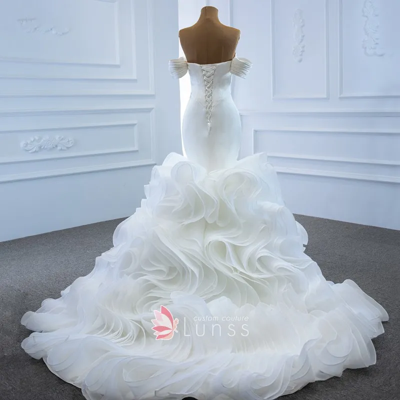 off the shoulder short sleeve flanged organza chapel tran wedding gown off the shoulder short sleeve flanged organza chapel tran wedding gown