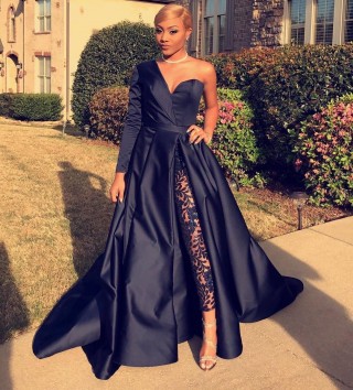 one sleeve navy satin with lace leggings prom dress