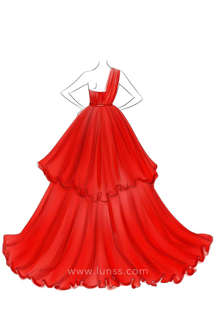orange red prom gown sketch