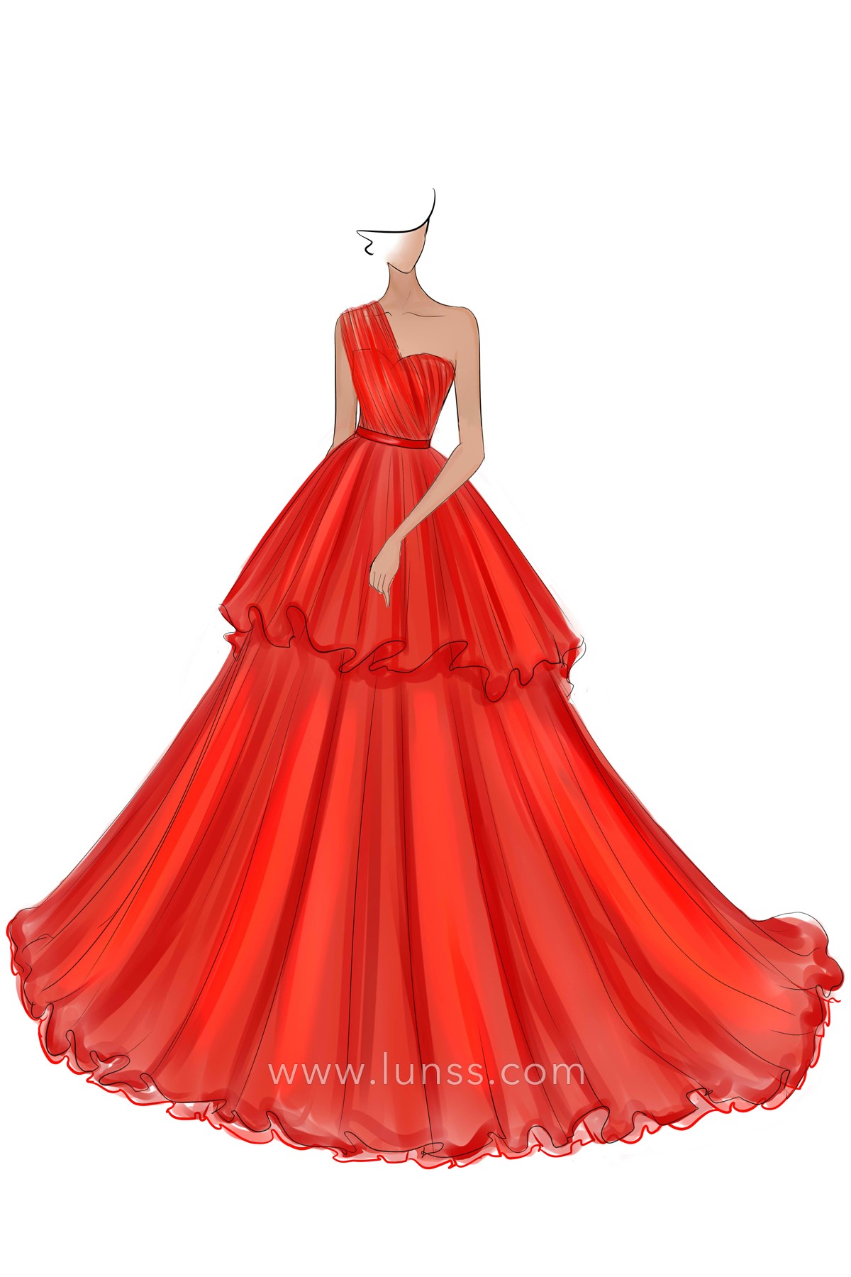 orange red puff prom gown sketch