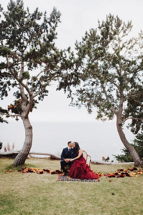 outdoor destination burgundy wedding dress