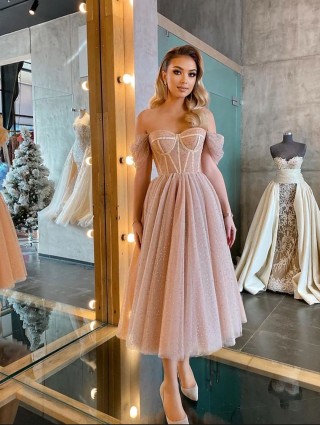 pearled corset off the shoulder tea length party dress