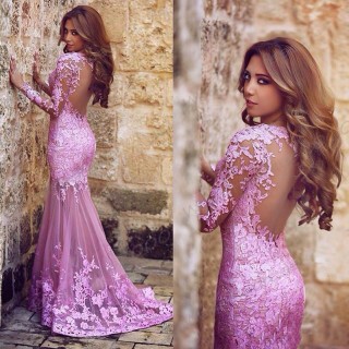 pink lace open back sheer sleeve mermaid prom dress