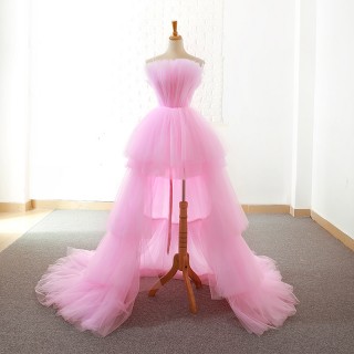 pink tulle tiered high low cute prom dress