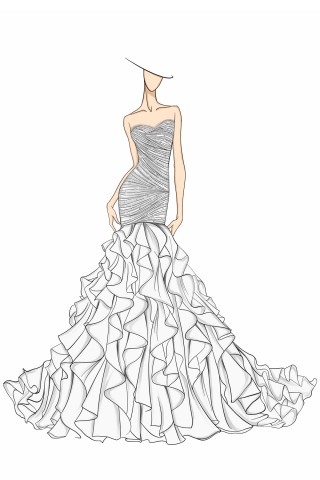 pleated cascading ruffled mermaid prom dress sketch
