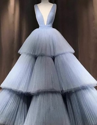 pleated ice blue tulle tiered plunging neckline ball gown